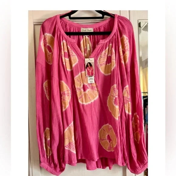 NWT! Oversized Ballon Sleeve Lightweight Notch Neck Pink Tie Dye Circles Top! - Picture 6 of 7